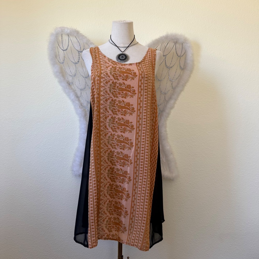Indie EllaRust Orange Paisley Upcycled Silk Contrast Shift Dress Boho Earthy